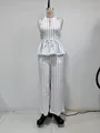 Elegant white polka dot two-piece set featuring a halter peplum top and wide-leg trousers - S / Top And Bottom / White with Black Polka Dots