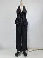 Close-up of black polka dot halter peplum top and matching wide leg pants set - S / Top And Bottom / Black White Polka Dot