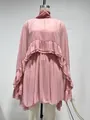 Elegantes rosa Rüschen-Chiffon-Kleid mit Camisole-Innenfutter im 2-teiligen Set - S / Oberteil Und Unterteil / Rosa