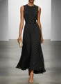 Full-length view of an elegant French retro black polka dot sleeveless midi dress - S / Dresses / Black