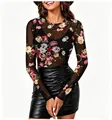 Detail of floral print on transparent mesh long-sleeve slim fit top for women. - S / Tops / Black Floral