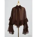 Elegante braune durchsichtige Organza-Bluse mit stilvollen Rüschenärmeln für Damen - Dunkelbraun