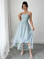 Full view of light blue daisy print mesh smocked midi dress with spaghetti straps - S / Dresses / Light Blue