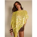 Eleganter gelber Pailletten-Poncho mit hohlem Muster und unregelmäßigem Saum mode - S / Oberteile / Zitronengelb