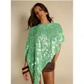 Eleganter grüner Pailletten-Poncho mit unregelmäßigem Saum und Lochmuster - S / Oberteile / Mintgrün