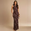 Elegant sleeveless floor-length dress with 3D floral embroidery in plum purple color - S / Dresses / Chocolate Brown