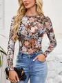 Elegant detail of women floral print mesh long sleeve slim fit top with vibrant colors - Brown Floral