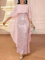 Detailed view of elegant pink sequined evening maxi dress with matching chiffon capelet - 2XL / Dresses / Pink Sequin