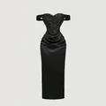 Elegant black off-the-shoulder sequin satin midi dress for evening parties - S / Dresses / Black