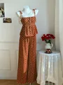 Conjunto vintage de dos piezas a lunares con top de tirantes y pantalones anchos - S / Top Y Pantalón / Marrón