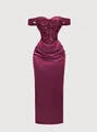 Elegant wine red sequin satin off-shoulder bodycon midi dress for evening party. - S / Dresses / Burgundy