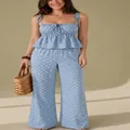 Conjunto de dos piezas azul a lunares con top de tirantes y pantalón ancho de mujer. - S / Top Y Pantalón / Azul cielo