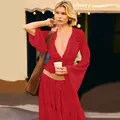 Elegante set rosso top in chiffon con pizzo e gonna lunga a balze per vacanze - Taglia S / Top E Pantaloni / Rosso