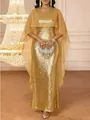 Elegant floor-length gold sequined evening gown featuring a matching sheer cape shawl - 2XL / Dresses / Gold Sequin