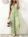Boho-Set in Grün mit einer Weste zum Binden und einer floralen Weithose für Damen. - S / Oberteil Und Unterteil / Avocadogrün