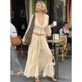 Elegante set beige stile francese con cardigan in pizzo e gonna lunga a balze coordinata - Taglia S / Top E Pantaloni / Albicocca