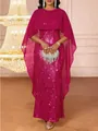 Elegant fuchsia sequined floor-length evening gown featuring a matching sheer cape shawl. - Rose Red Sequins