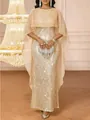 Detailed view of champagne gold sequined evening dress with sheer lace capelet - Champagne Sequins