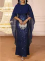 Elegant navy blue sequined evening gown with chiffon capelet and slim fit design. - Navy Blue Sequins