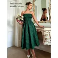 Elegante smaragdgroene geweven jacquard strapless midi-jurk in Franse feeststijl - S / Dresses / Donkergroen