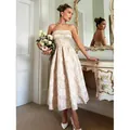 Elegante Franse stijl bloemen jacquard strapless midi-jurk in champagne - S / Dresses / Khaki
