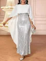 Elegant silver sequined evening gown with a flowing white chiffon cape overlay detail - S / Dresses / Silver Sequins