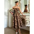 Elegante Franse stijl bruine bloemen jacquard strapless midi-jurk voor gala feest - S / Dresses / Bruin