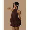 Robe de vacances élégante marron dos nu avec col licou et ourlet bulle multicouche - Marron