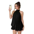 Robe combishort élégante à licou noir dos nu avec ourlet à volants pour femme - Noir