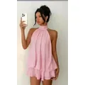 Robe courte élégante rose clair à col licou dos nu avec jupe à volants étagés - Rose