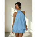 Robe courte dos nu bleu clair à volants élégante pour tenue de vacances pour femmes - Bleu ciel