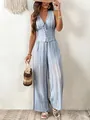 Hellblaues ärmelloses Westen- und Weites-Bein-Hosen-Set für Damen im Boho-Stil - Hellblau