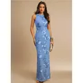 Elegant sky blue floor-length sleeveless evening dress featuring exquisite 3D floral embroidery. - S / Dresses / Sky Blue
