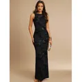 Elegant sleeveless black maxi dress featuring 3D floral embroidery and a slim fit cut - S / Dresses / Black