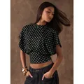 Elegant vintage black polka dot French style batwing sleeve crop top for fashionable women - S / Tops / Black