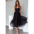 Elegant black tulle midi dress featuring a sexy corset-style bodice for resort wear - S / Dresses / Black