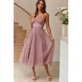 Elegant dusty pink spaghetti strap tulle midi dress with corset bodice - S / Dresses / Pink