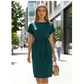 Elegant dark green French minimalist commute dress with waist tie and short sleeves - S / Dresses / Dark Green