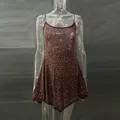 Sexy brown sheer mini dress with shimmering rhinestones and spaghetti straps for parties - S / Dresses / Coffee