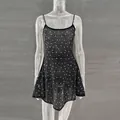 Sleeveless black sheer mini dress featuring shimmering rhinestone patterns for party wear - S / Dresses / Black