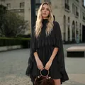 Elegantes schwarzes zweiteiliges Chiffon-Kleid mit modischen Stufenvolants für den Sommer - S / Oberteil Und Unterteil / Schwarz
