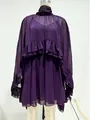 Elegante dieppaarse tweedelige chiffon jurk met stijlvolle ruches en een passend hemdje - S / Boven- En Onderstuk / Donkerpaars