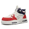 High-top men's work boots with rotating buckle and thick sole in white, red and blue - 39 / Beige Red