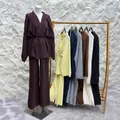 Two-piece knit lounge set with V-neck wrap top and wide-leg pants in multiple colors - XS / Top And Bottom / Coffee