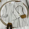 Two-piece linen-style long-sleeve shirt and maxi skirt set with matching accessories - XS / Top And Bottom / Gray