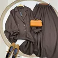Elegant women's autumn two-piece set with brown linen long-sleeve blazer and maxi skirt - XS / Top And Bottom / Coffee