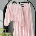 Elegant pink long sleeve tie-waist blouse and matching pleated A-line midi skirt set - XS / Top And Bottom / Light Pink