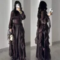 Detailed views showing the front and back of a dark brown pleated ruffle satin maxi dress - Coffee