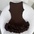 Elegant brown sleeveless dress with a unique ruffled floral hem and round neck design - XS / Dresses / Coffee