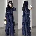 Navy blue ruffled satin evening gown with a high waist and A-line floor-length silhouette - XS / Dresses / Navy Blue